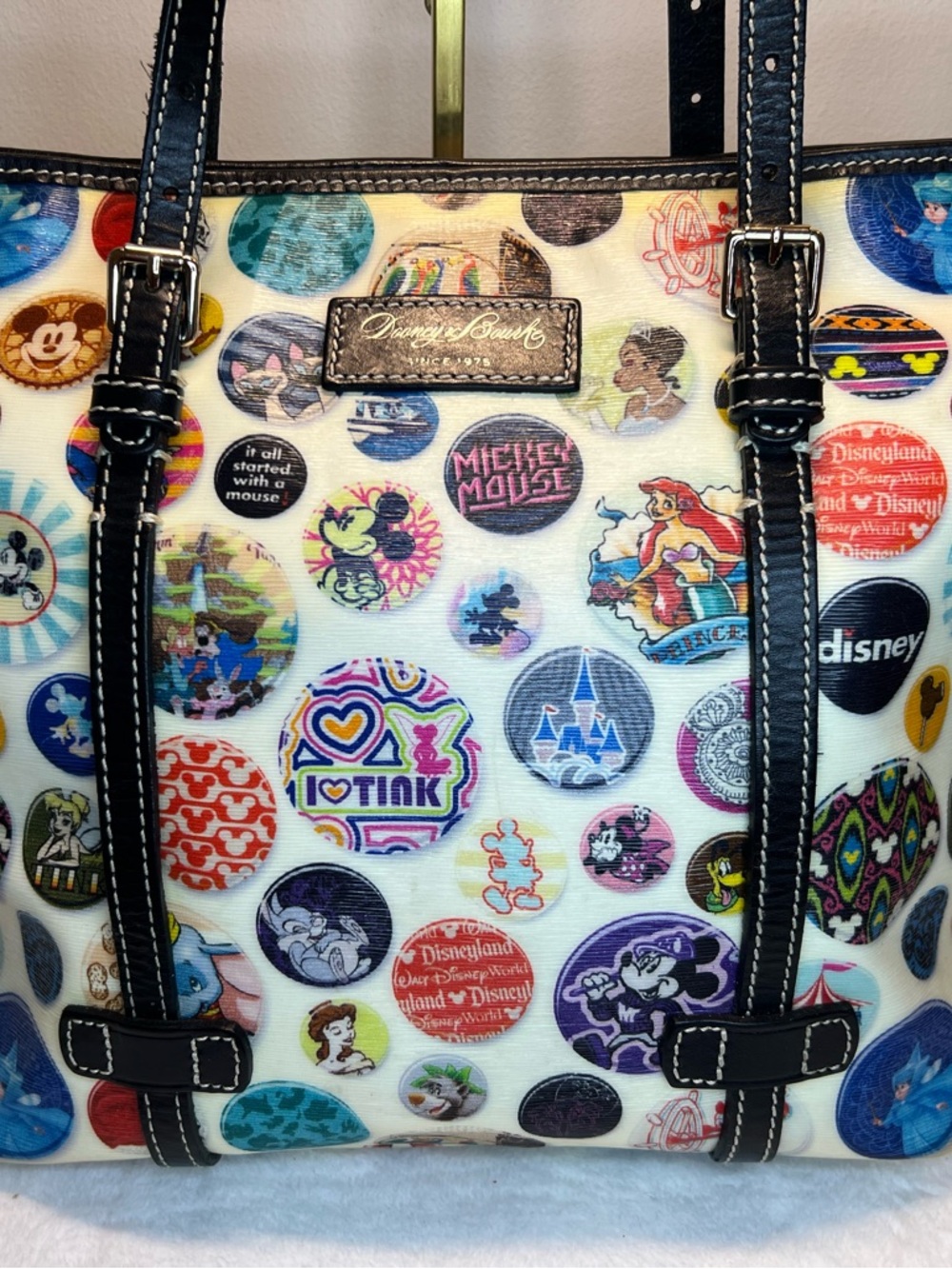 Dooney & Bourke White Disney Button-Print Tote with Black Trim EUC - Picture 2 of 14